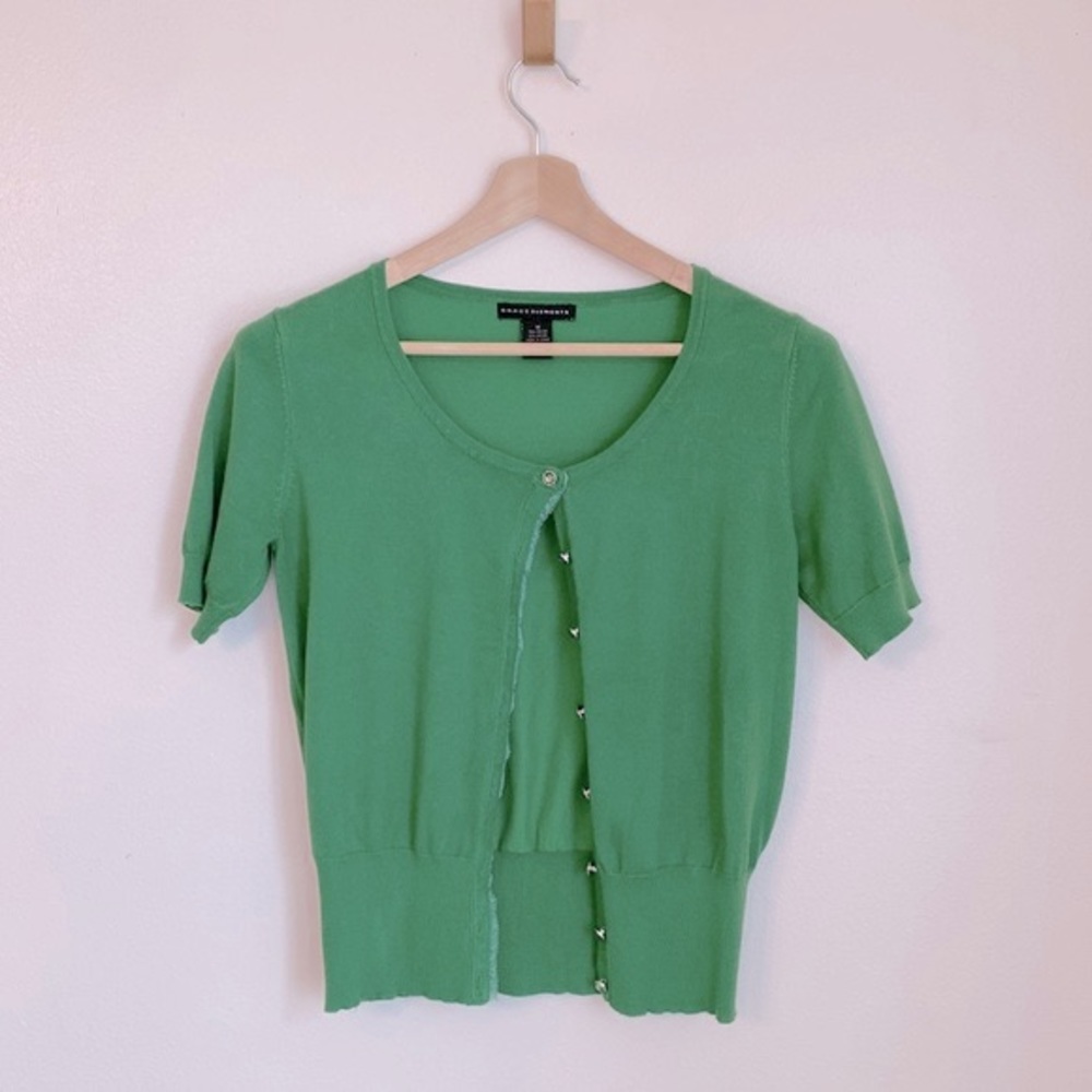 Grace Elements | Fitted Green Cardigan w|jewel Buttons - Picture 2 of 7